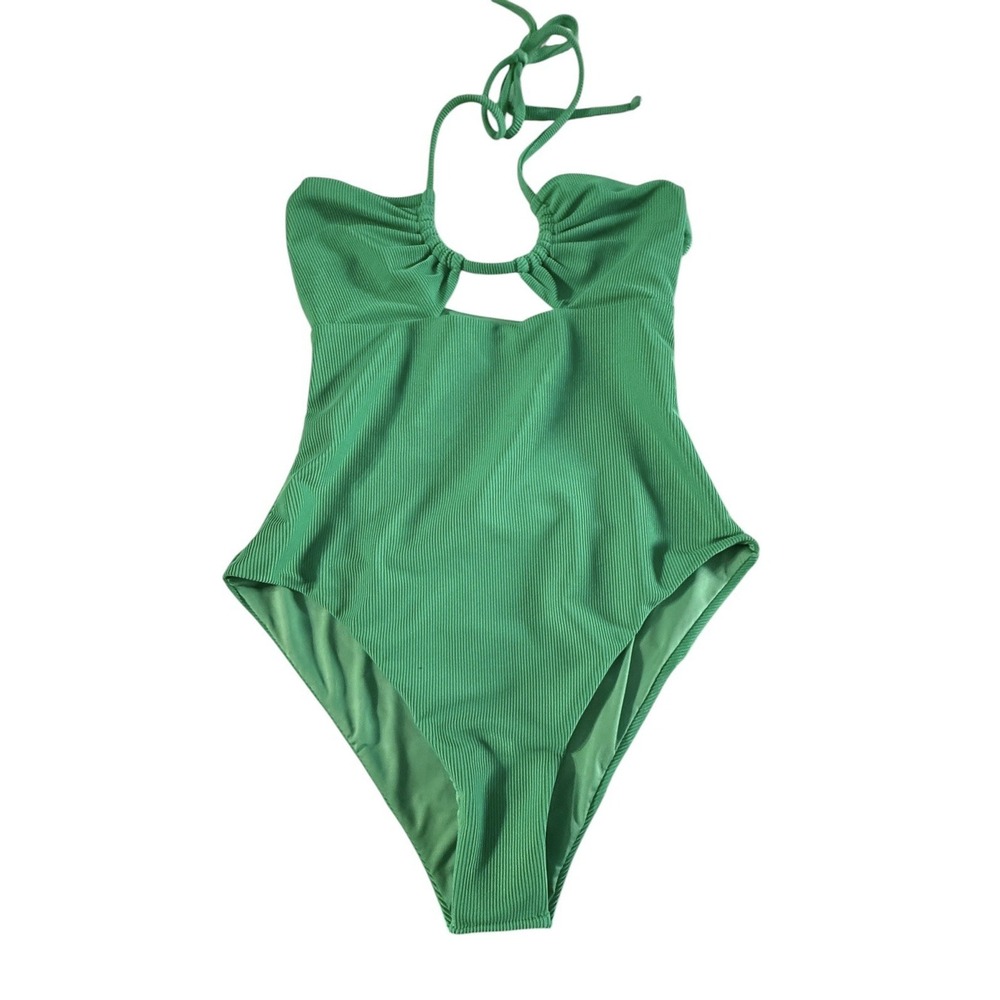 BEACH RIOT Green Halter Ribbed One Piece Cutout Swimsuit Sz M